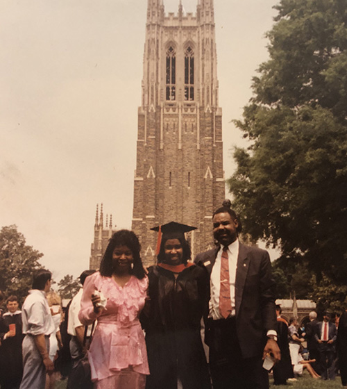 Valecia Maclin and her parents in front of Duke Chapel on her graduation day.