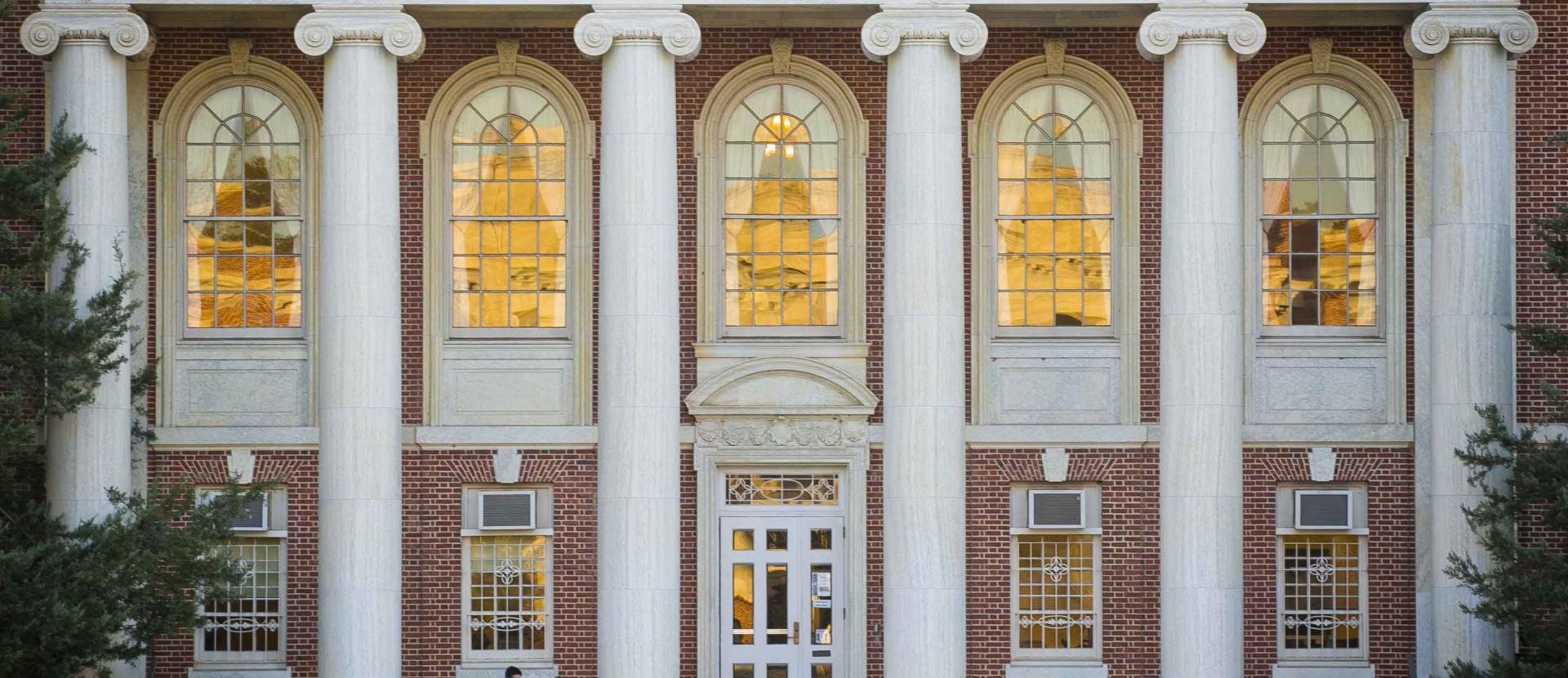 An exterior photo featuring the columns of the Lilly Library.