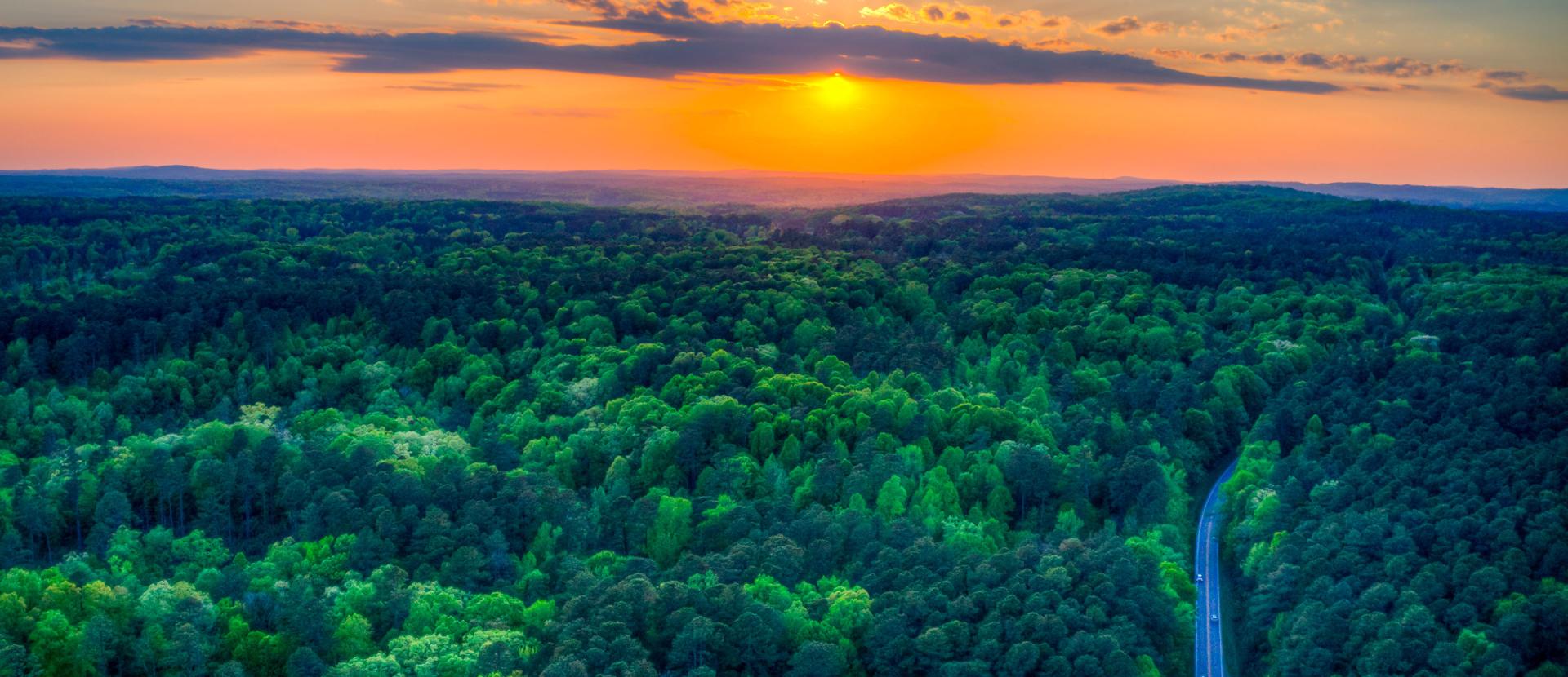 A wide drone shot of the sun setting over Duke Forest and Duke University.