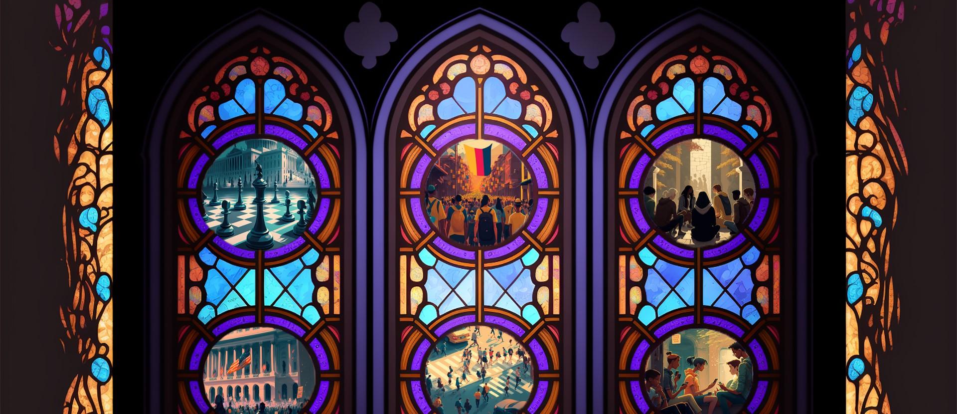 A stained glass window showing six different scenes.