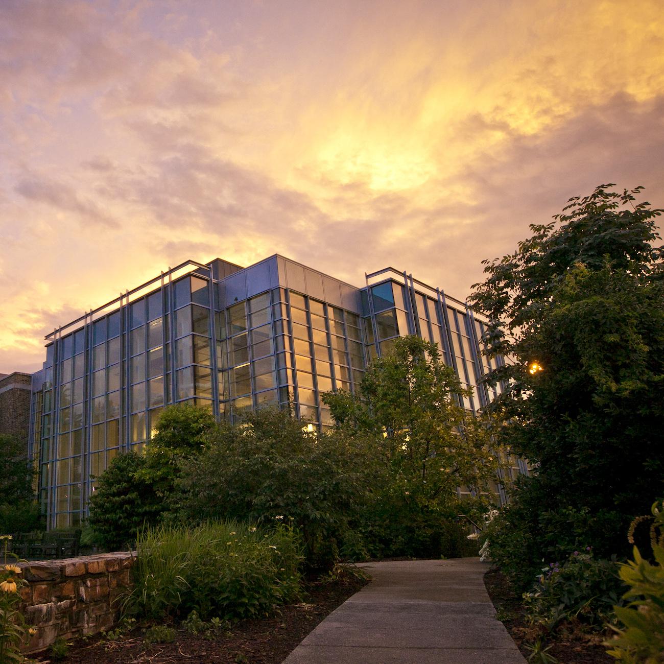 Landscape portrait of Duke Law School at sunset. 