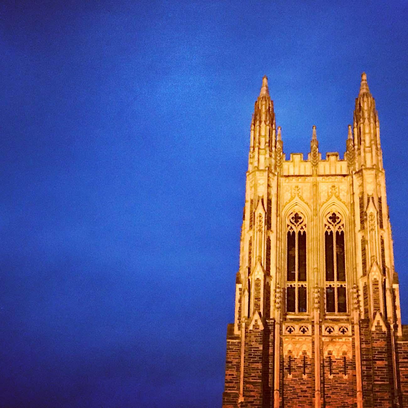 Outside view of the Duke Chapel with blue sky behind it