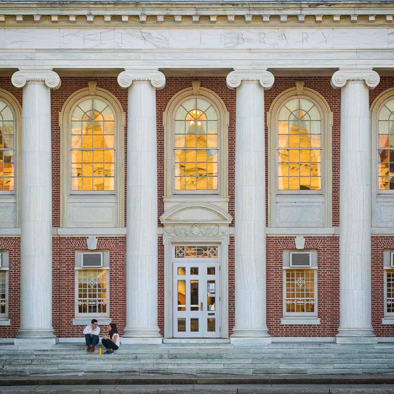 An exterior photo featuring the columns of the Lilly Library.