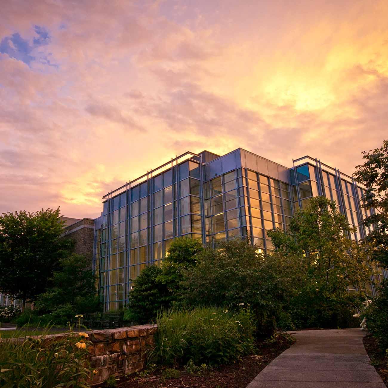 Duke Law School Building Among Trees and Skyline