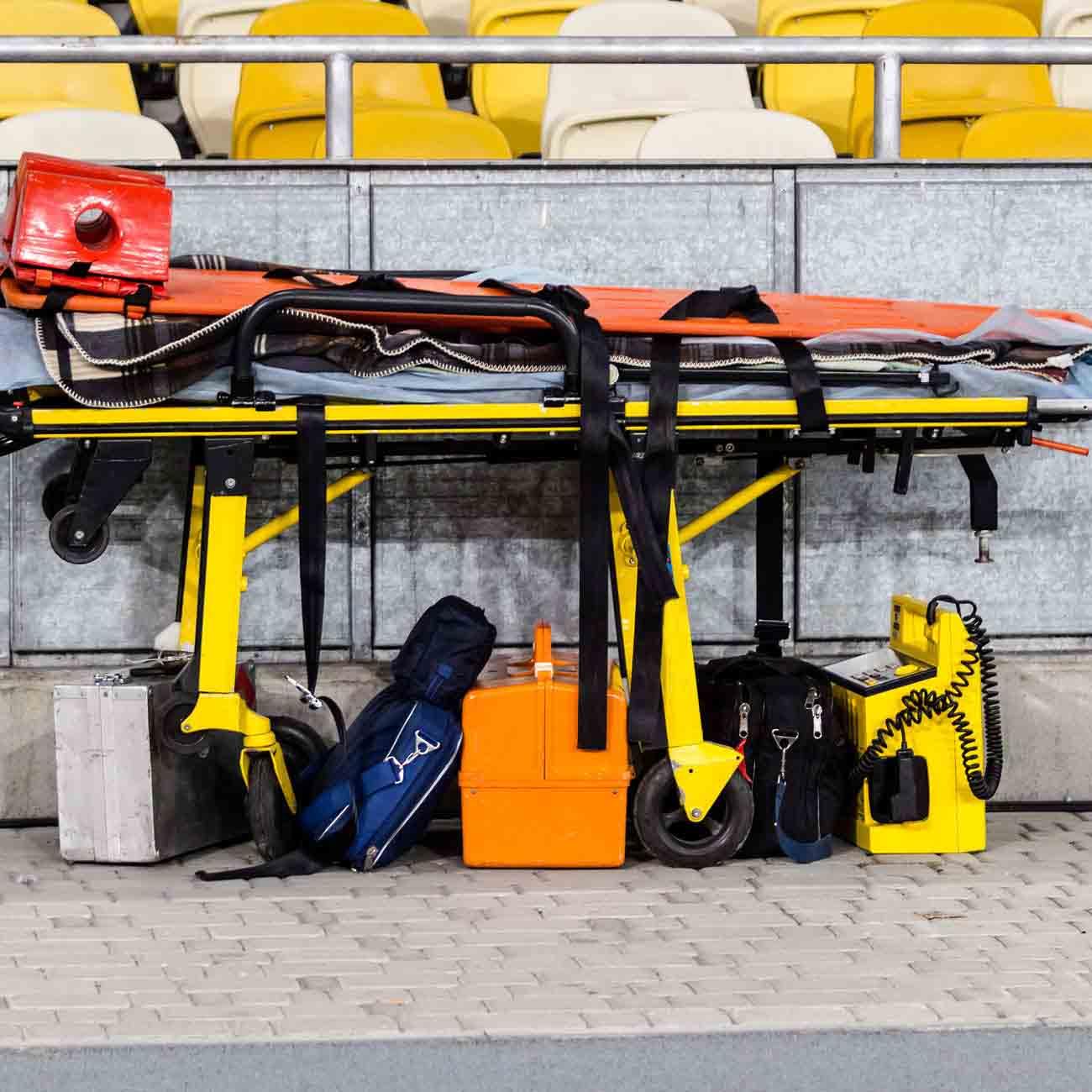 Paramedic ambulance equipment at football stadium