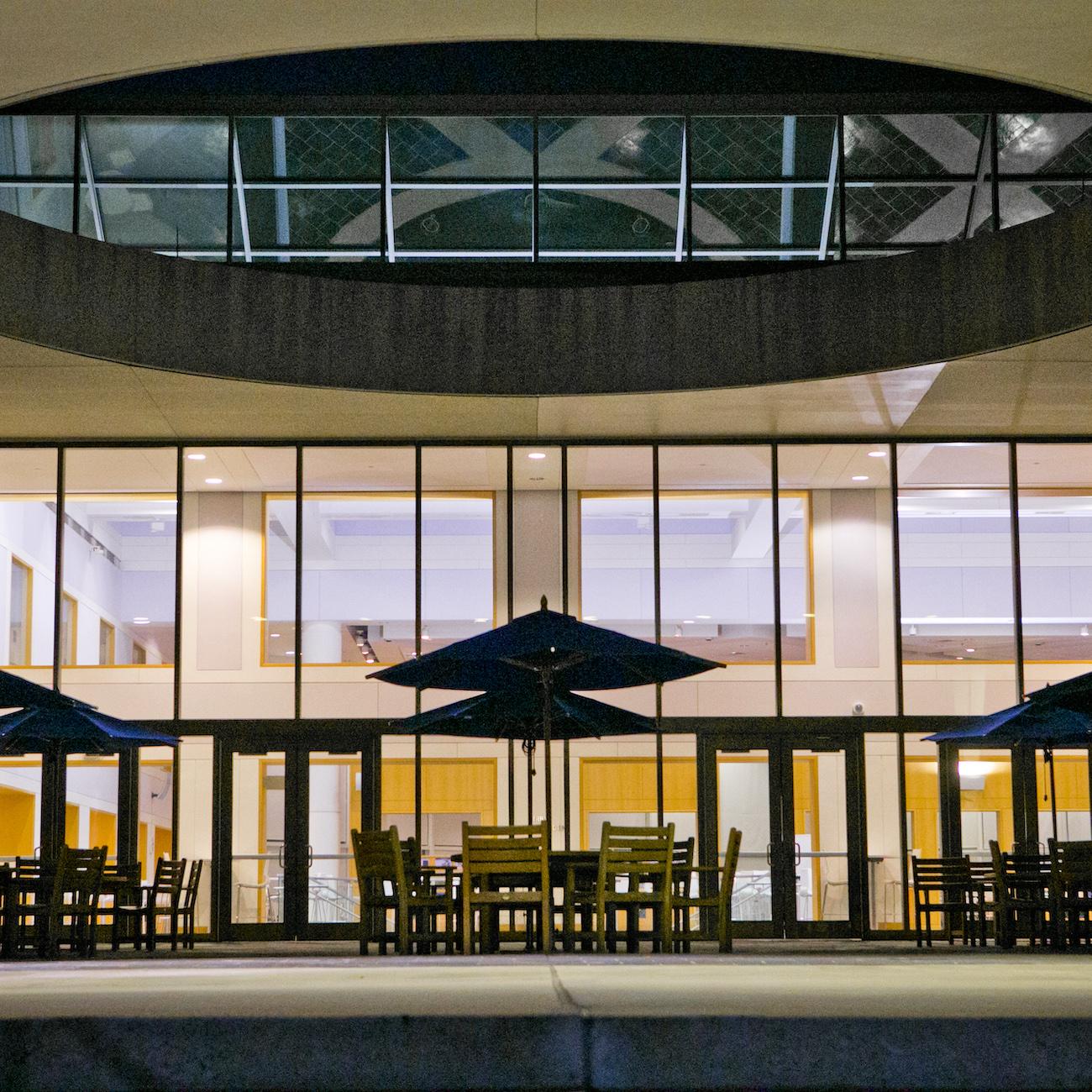 Night shot on the patio outside of Fuqua School of Business.