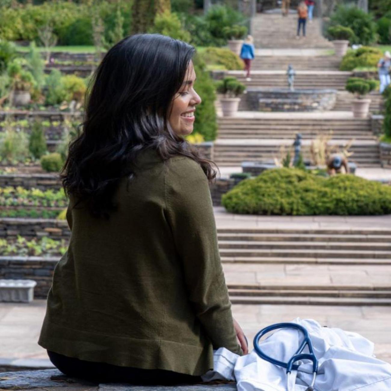 Medical student Sonali Biswas enjoys an afternoon in the Sarah P. Duke Garden.s