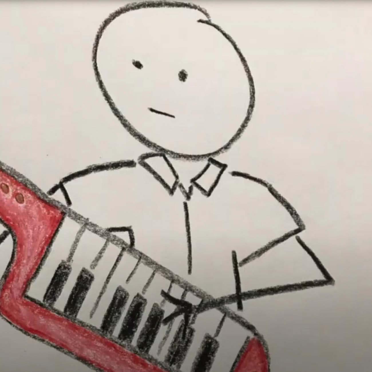 Drawing of a stick figure holding a keytar