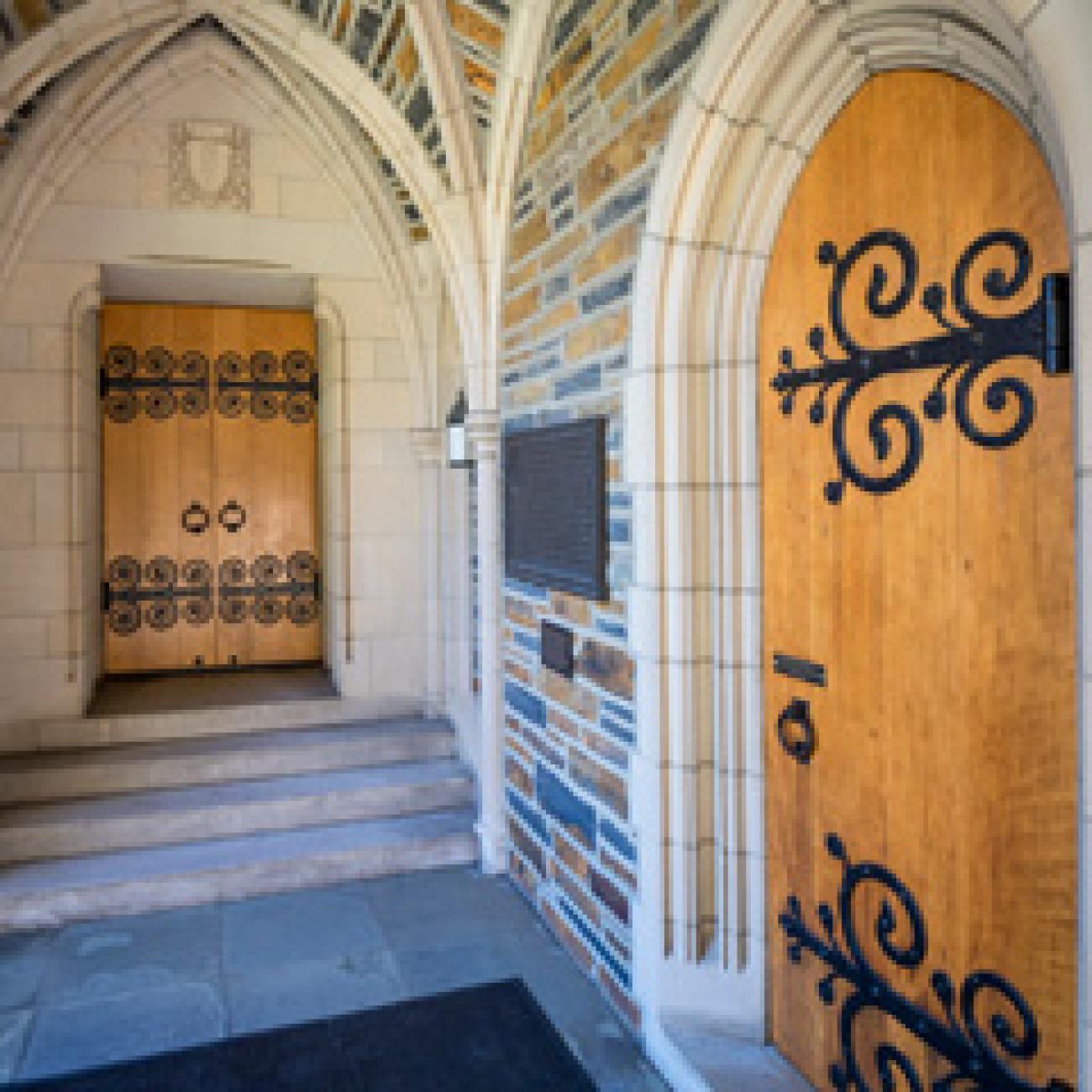 Shot of two Duke Chapel doors.