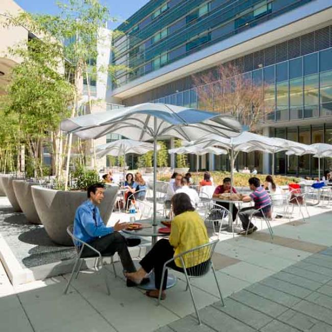 People in a sitting in court yard with umbrella tables. 